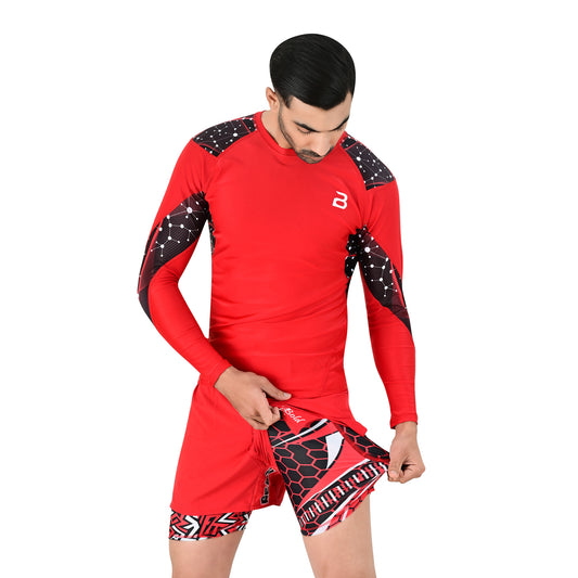 2Bold Men’s Red BJJ Rash Guard and MMA Shorts Set – Jiujitsu, Grappling, Kickboxing Training Gear