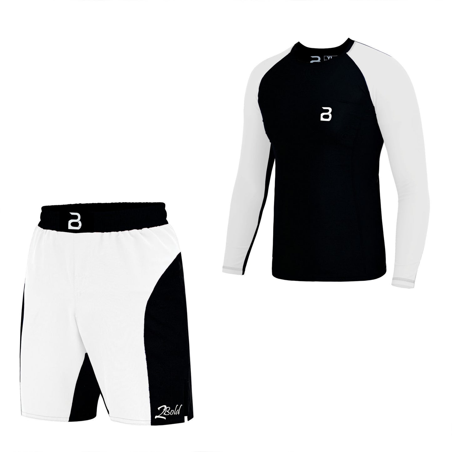 2BOLD Black-White Compression Rash Guard Shirt for Kids, Jiu Jitsu No Gi MMA Shorts Wrestling Workout Gym Set