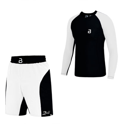 2BOLD Black-White Compression Rash Guard Shirt for Kids, Jiu Jitsu No Gi MMA Shorts Wrestling Workout Gym Set