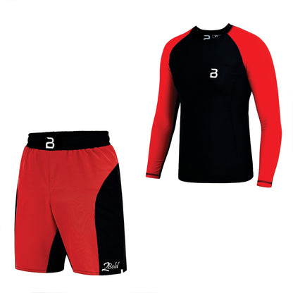 2BOLD Black-Red Compression Rash Guard Shirt for Kids, Jiu Jitsu No Gi MMA Shorts 2PC Quick Dry Wrestling Workout Gym Set