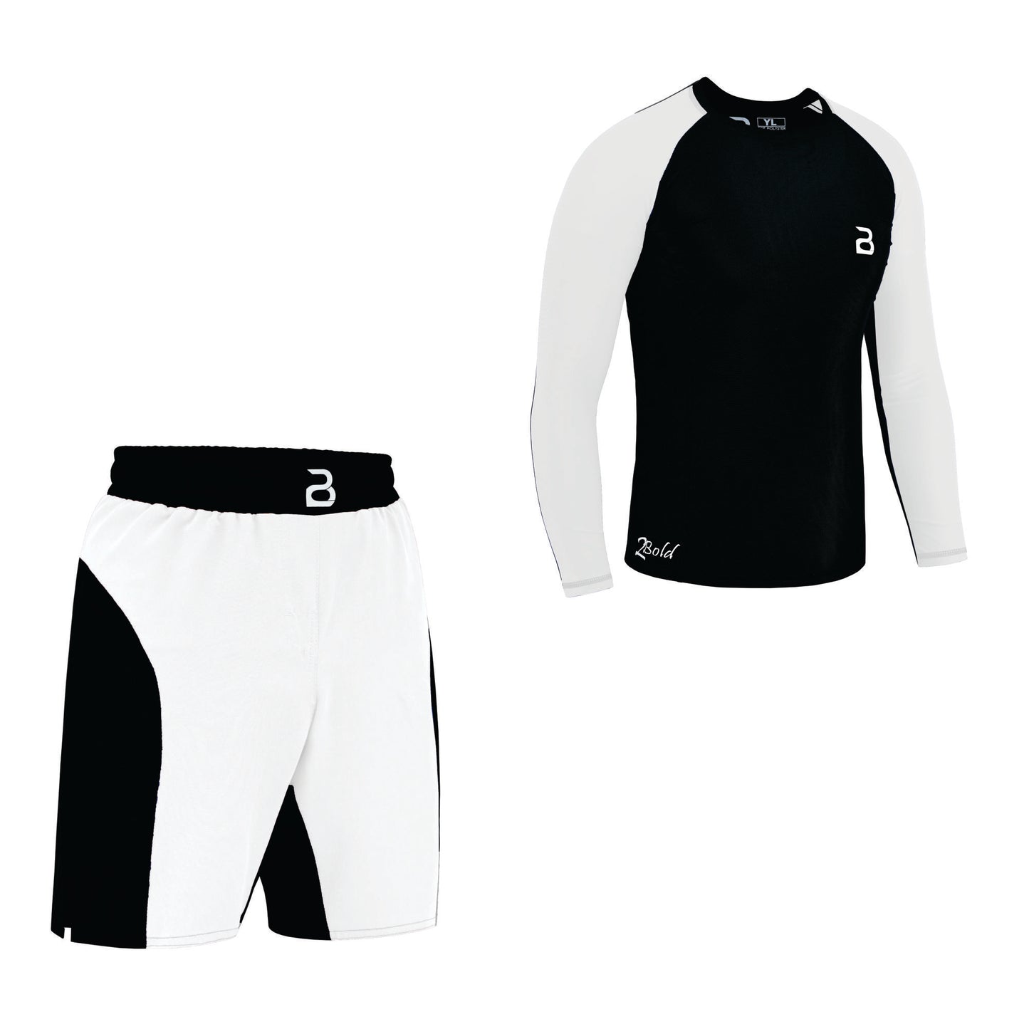 2BOLD Black-White Compression Rash Guard Shirt for Kids, Jiu Jitsu No Gi MMA Shorts Wrestling Workout Gym Set