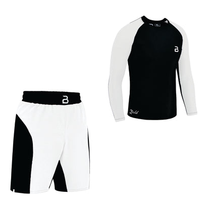 2BOLD Black-White Compression Rash Guard Shirt for Kids, Jiu Jitsu No Gi MMA Shorts Wrestling Workout Gym Set