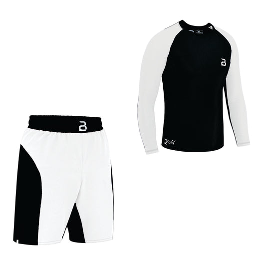 2BOLD Black-White Compression Rash Guard Shirt for Kids, Jiu Jitsu No Gi MMA Shorts Wrestling Workout Gym Set