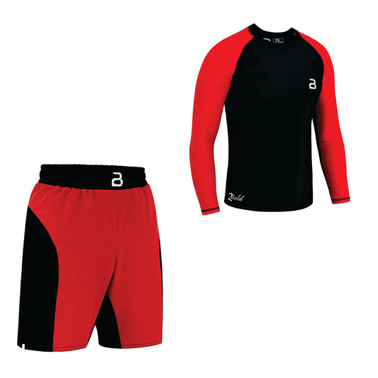2BOLD Black-Red Compression Rash Guard Shirt for Kids, Jiu Jitsu No Gi MMA Shorts 2PC Quick Dry Wrestling Workout Gym Set