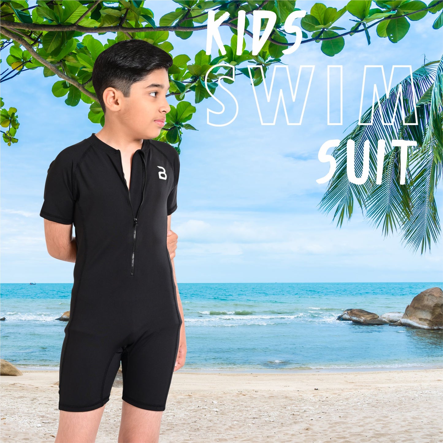 2Bold Black Kids Swim Suit with Zipper – Quick-Dry UV Swim Shirt for Boys & Girls