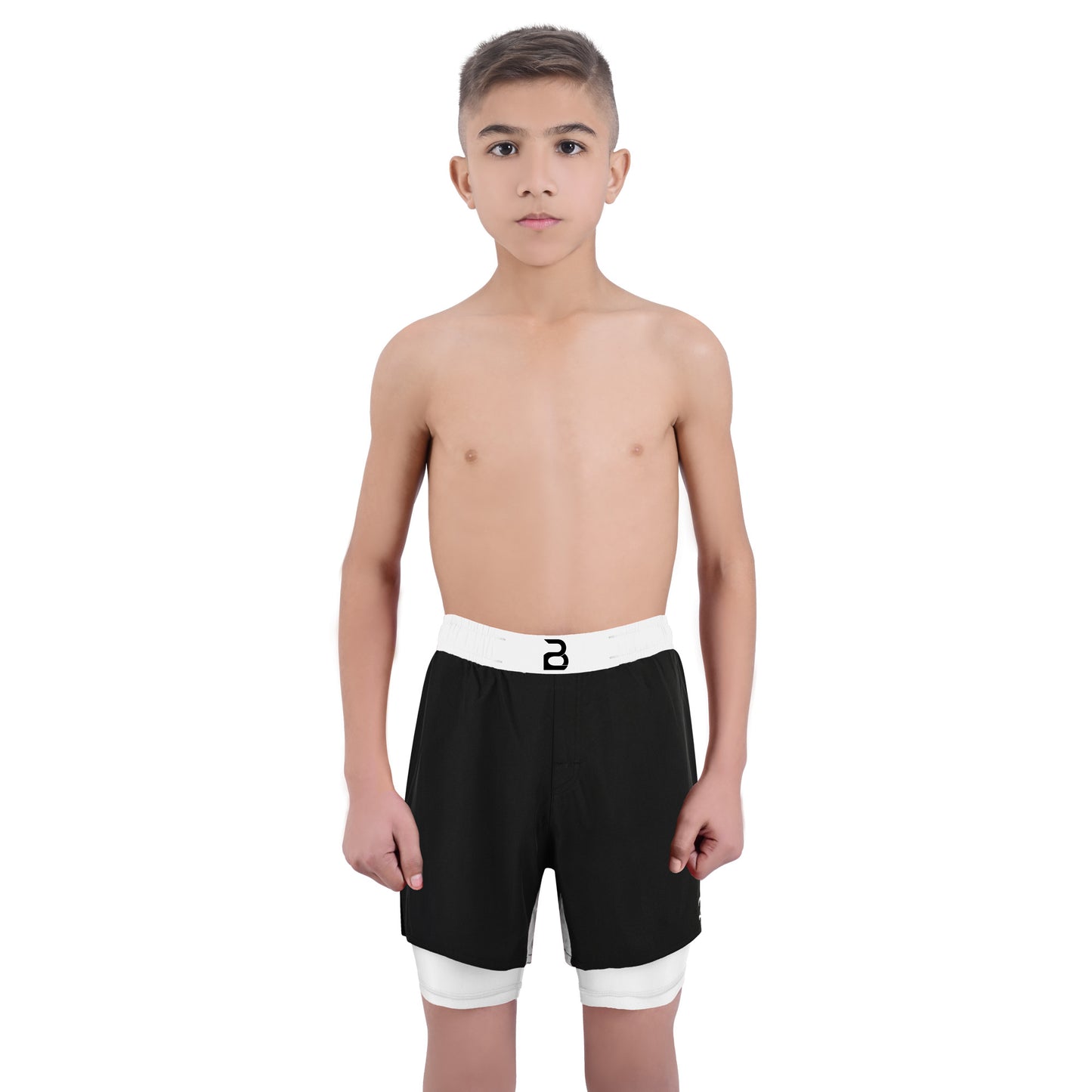 2BOLD Youth White Black Hybrid Athletic Shorts | Compression Lined Boys Sports Shorts