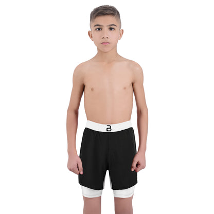 2BOLD Youth White Black Hybrid Athletic Shorts | Compression Lined Boys Sports Shorts