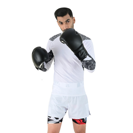 2Bold Men’s White BJJ Rash Guard and MMA Shorts Set – Jiujitsu, Grappling, Kickboxing Training Gear
