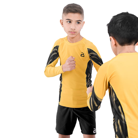Kids Yellow BJJ Rash Guard and MMA Shorts Set – Youth No-Gi Jiu Jitsu, Grappling, Training Gear