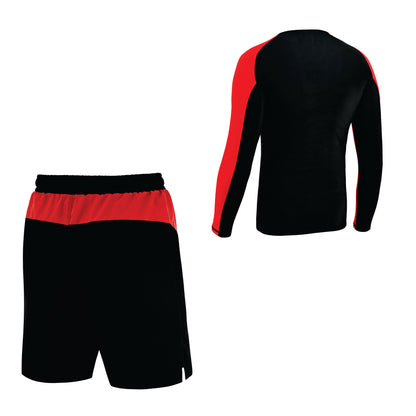 2BOLD Black-Red Compression Rash Guard Shirt for Kids, Jiu Jitsu No Gi MMA Shorts 2PC Quick Dry Wrestling Workout Gym Set
