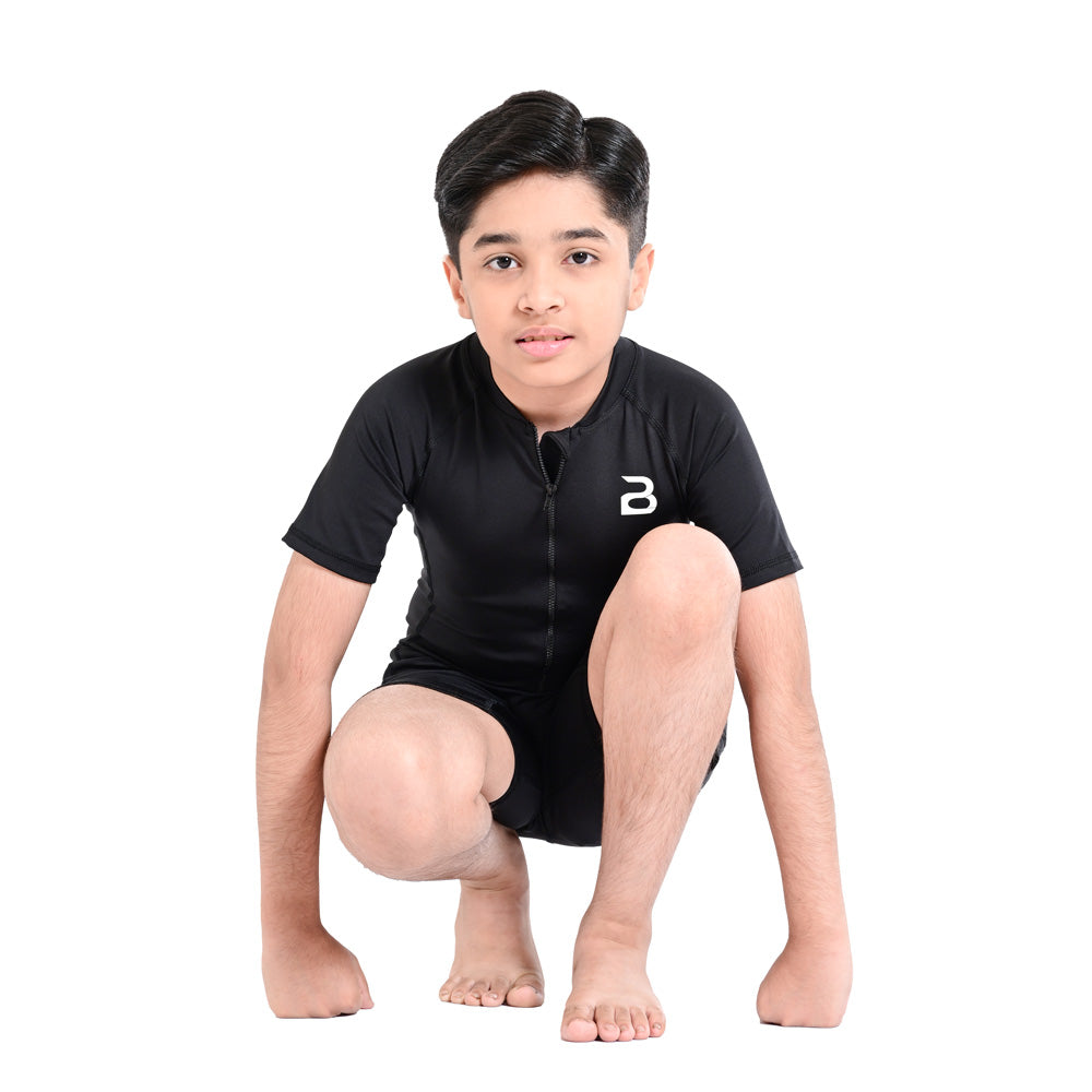 2Bold Black Kids Swim Suit with Zipper – Quick-Dry UV Swim Shirt for Boys & Girls