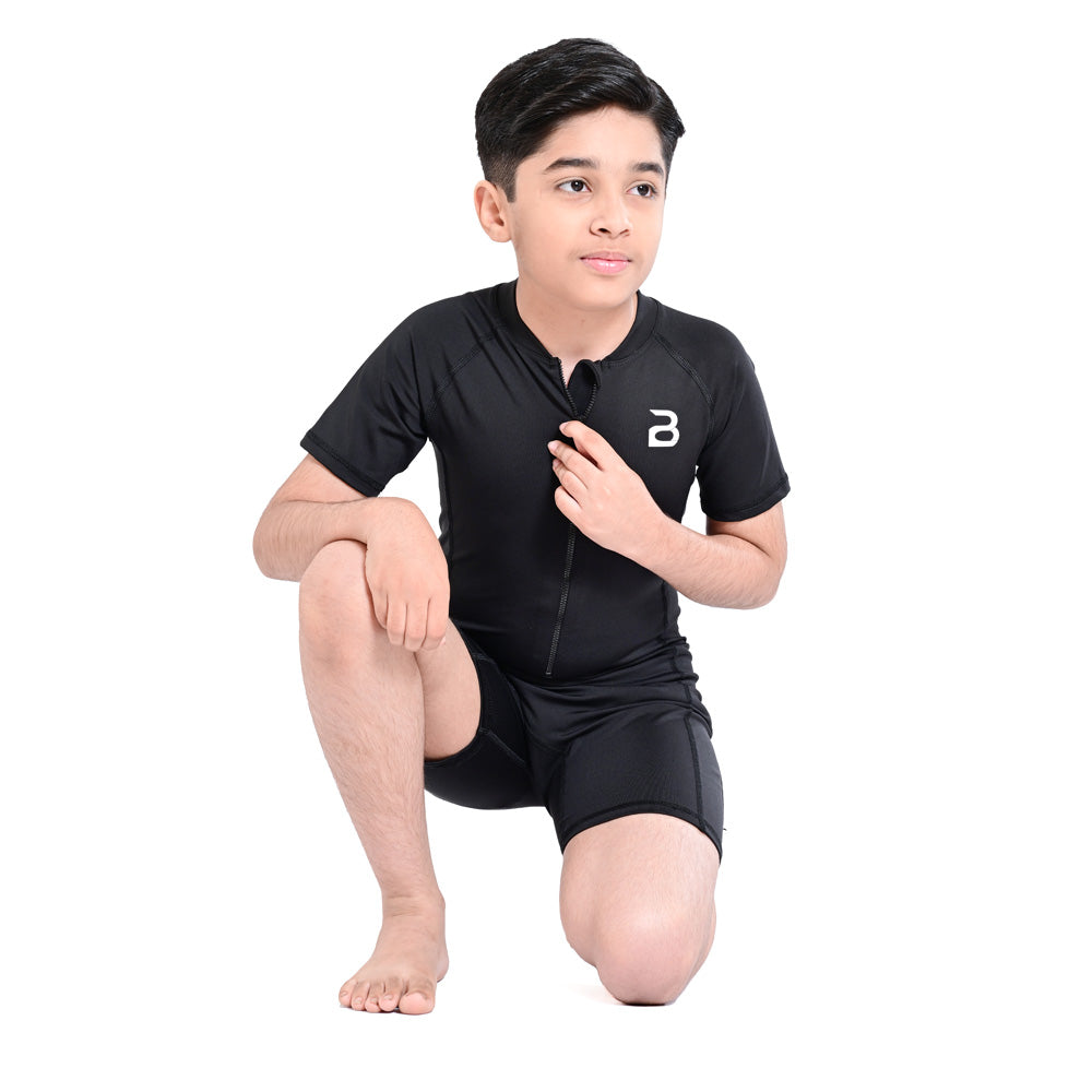 2Bold Black Kids Swim Suit with Zipper – Quick-Dry UV Swim Shirt for Boys & Girls