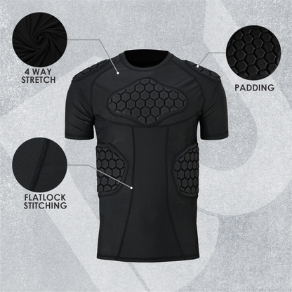 Adult Black Padded Compression Shirt for Football, Basketball, Lacrosse – Chest & Rib Protector for Combat Sports