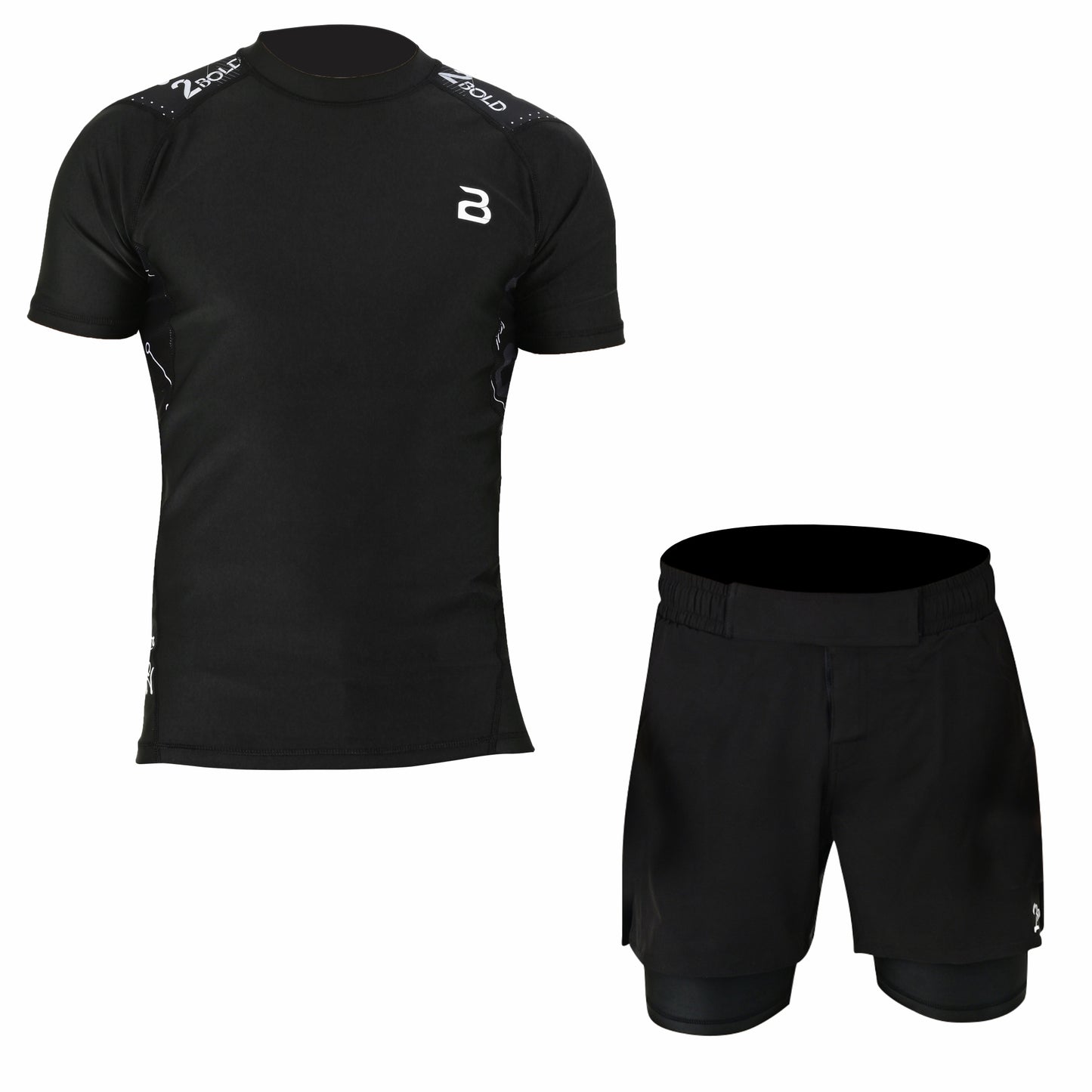 2Bold Men’s Black BJJ Rash Guard and MMA Shorts Set – Jiujitsu, Grappling, Kickboxing Training Gear