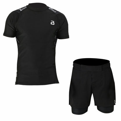 2Bold Men’s Black BJJ Rash Guard and MMA Shorts Set – Jiujitsu, Grappling, Kickboxing Training Gear