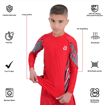 2Bold Red Kids BJJ Rash Guard - Youth No-Gi MMA Grappling Compression Shirt