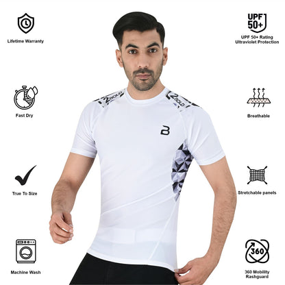 2BOLD Men’s White BJJ Short Sleeve Spandex Rash Guard | Swim & Training Shirt
