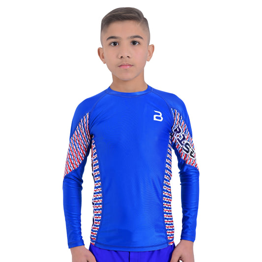 2Bold Blue Kids BJJ Rash Guard - Youth No-Gi MMA Grappling Compression Shirt