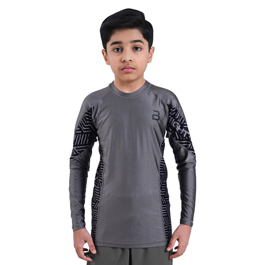 2Bold Grey Kids BJJ Rash Guard - Youth No-Gi MMA Grappling Compression Shirt