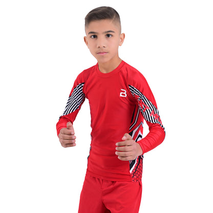 2Bold Red Kids BJJ Rash Guard - Youth No-Gi MMA Grappling Compression Shirt