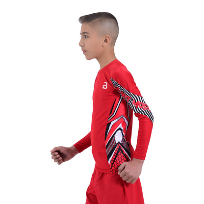 2Bold Red Kids BJJ Rash Guard - Youth No-Gi MMA Grappling Compression Shirt