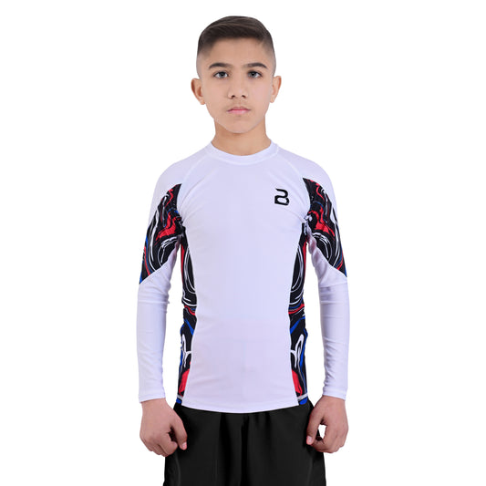 2Bold White Kids BJJ Rash Guard - Youth No-Gi MMA Grappling Compression Shirt