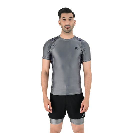 2Bold Men’s Grey BJJ Rash Guard and MMA Shorts Set – Jiujitsu, Grappling, Kickboxing Training Gear