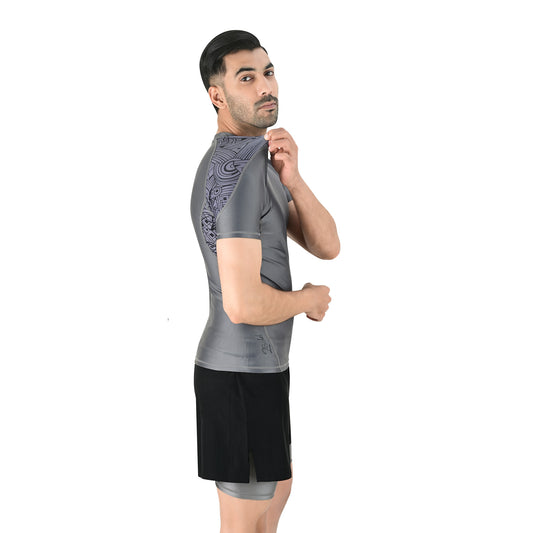 2Bold Men’s Grey BJJ Rash Guard and MMA Shorts Set – Jiujitsu, Grappling, Kickboxing Training Gear
