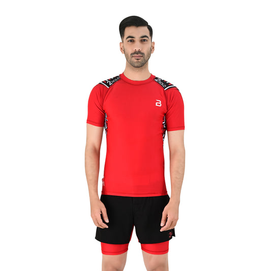 2Bold Men’s Red BJJ Rash Guard and MMA Shorts Set – Jiujitsu, Grappling, Kickboxing Training Gear