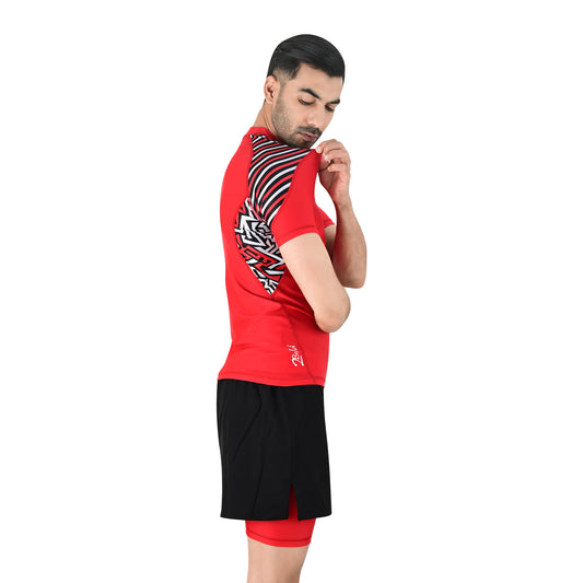 2Bold Men’s Red BJJ Rash Guard and MMA Shorts Set – Jiujitsu, Grappling, Kickboxing Training Gear