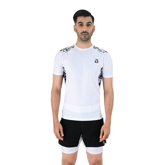 2Bold Men’s White BJJ Rash Guard and MMA Shorts Set – Jiujitsu, Grappling, Kickboxing Training Gear