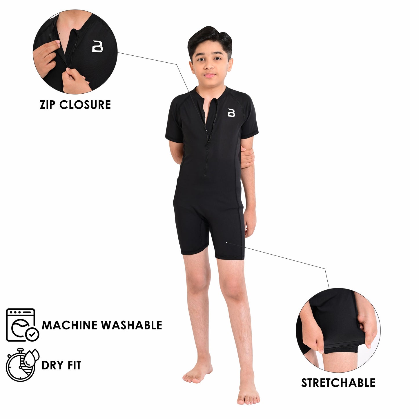 2Bold Black Kids Swim Suit with Zipper – Quick-Dry UV Swim Shirt for Boys & Girls